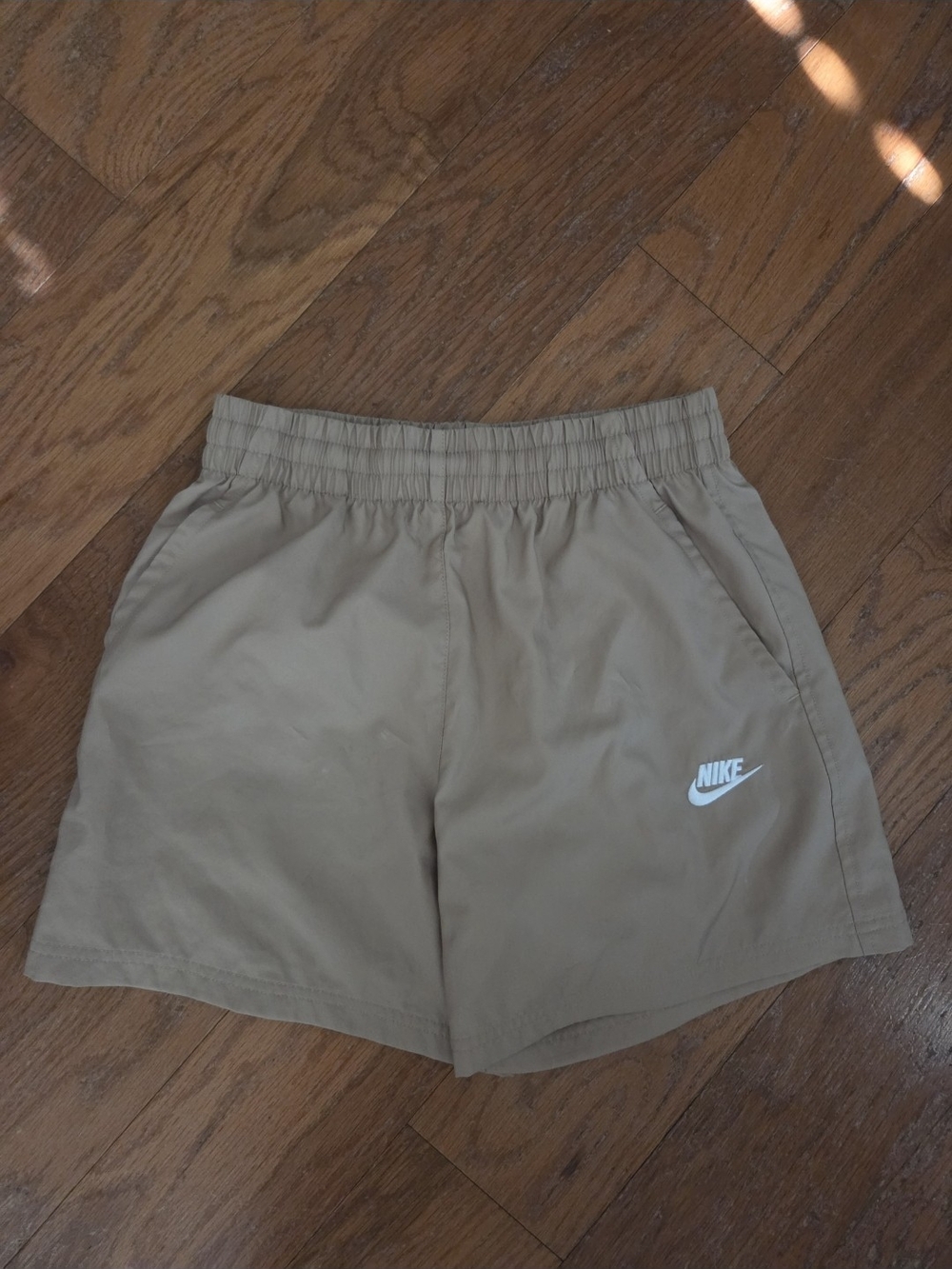 Nike Tan Elastic-Waist Athletic Shorts with White Swoosh